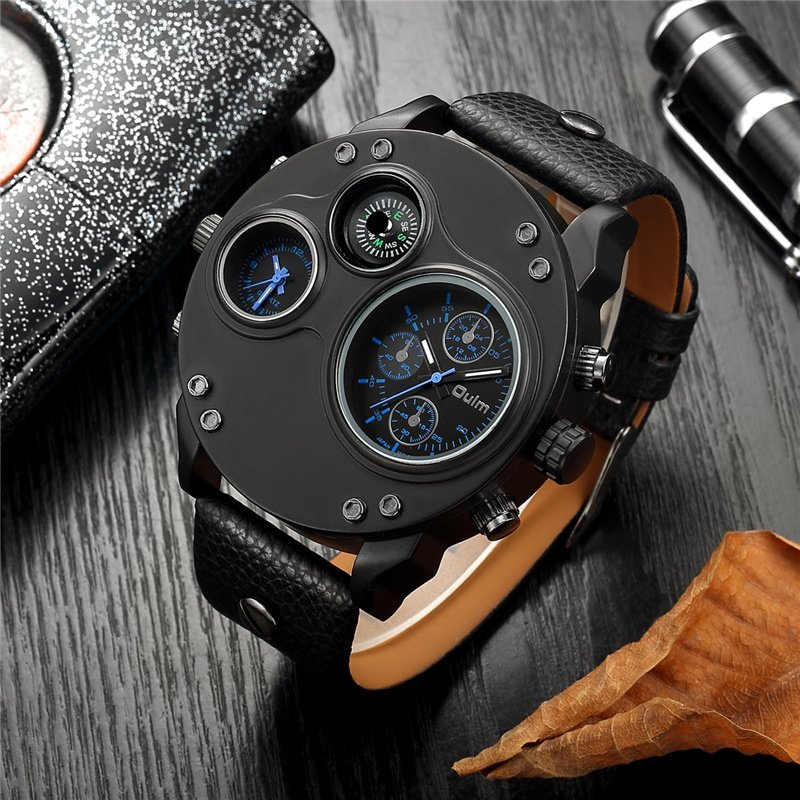 Black Leather Quartz Watch with Second Time Zone